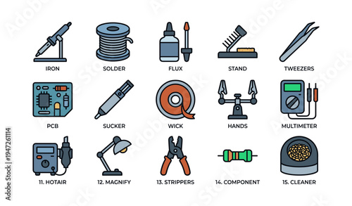 Soldering tools and equipment icons for electronics and diy projects