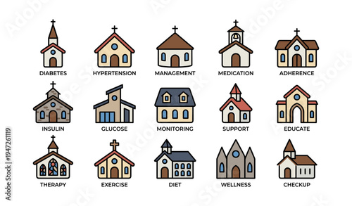 Icon set of churches as metaphors for diabetes and health management strategies