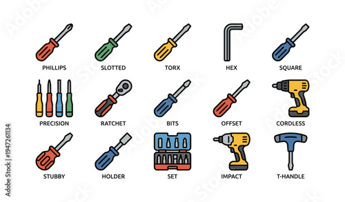 Colorful assorted screwdriver and drill set icons