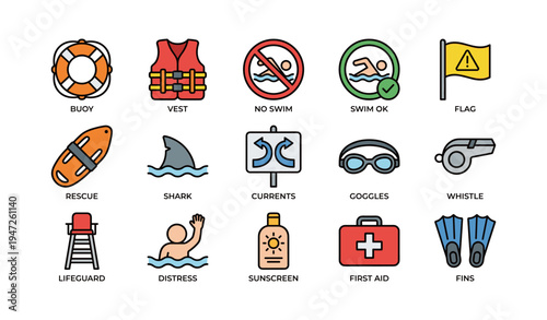 Beach safety icons: lifeguard, buoy, shark, sunscreen, whistle, distress signals