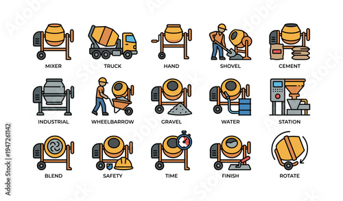 Construction equipment icons featuring cement mixer and tools