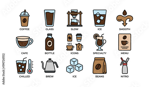 Coffee icons set with brew tools, beverages, and ingredients