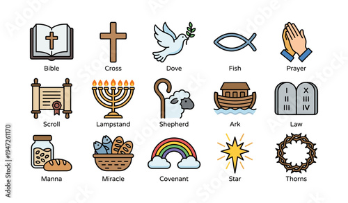 Religious symbols collection: bible, cross, dove, fish, and prayer icons