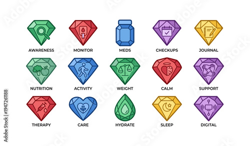 Colorful health and wellness icons featuring hearts and gems for various activities and care