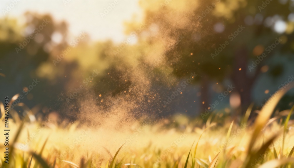 Fototapeta premium Shimmering blades of grass glowing at meadow edge, pollen drifting with bokeh treeline sunrays