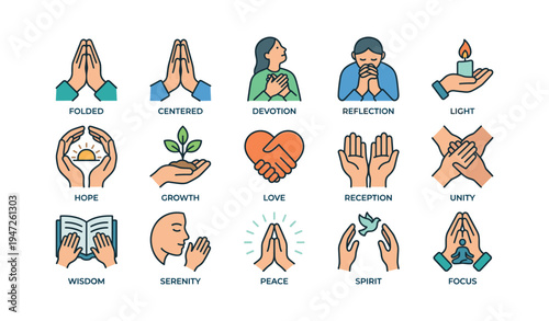 Diverse symbols of peace and devotion in colorful icon set