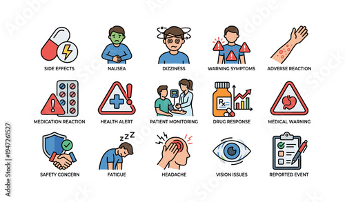 Medical alerts and symptoms: side effects, nausea, dizziness, warning signs, medication concerns