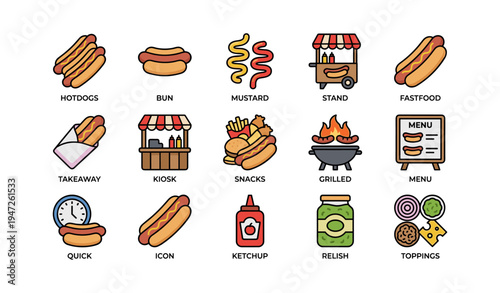 Colorful fast food icons: hotdogs, grilled snacks, and condiment illustrations