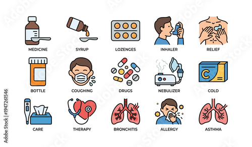 Medicine and health icons: syrup, inhaler, coughing, therapy, allergy