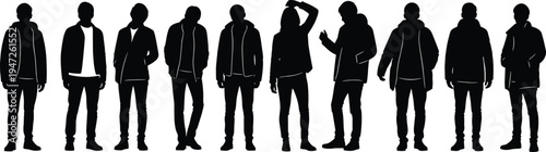 Men, silhouettes, casual, fashion, standing, hoodie, jacket, people, modern, style, streetwear, young, male, outfit, lifestyle, urban, characters, collection, isolated, set