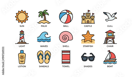 Beach icons: sun, palm, ball, castle, gull, waves, shell, starfish, chair, lotion, sandals, towel, shades, boat