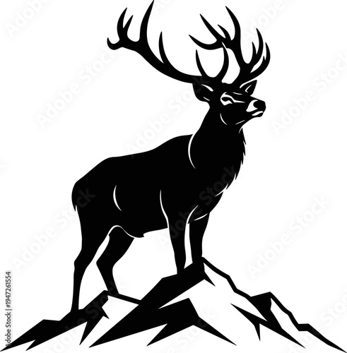Black and white vector silhouette of a majestic bull elk standing on a mountain peak with large antlers isolated on white background.