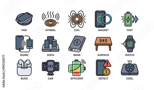 Set of wireless charging icons with gadgets and technology symbols