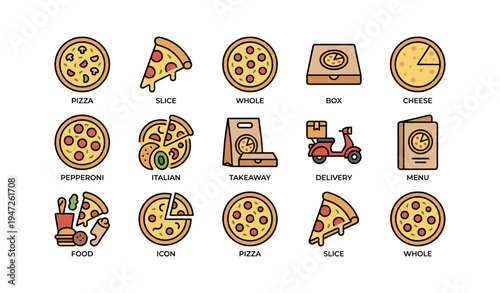 Pizza varieties and delivery icons featuring slices, whole, and menu designs