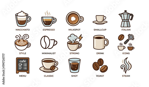 Collection of coffee icons featuring various drinks and tools