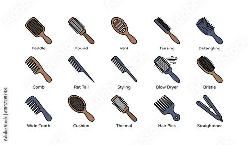 Collection of various hairbrushes and combs for styling and detangling