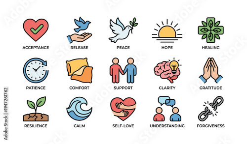 Symbols of peace, hope, healing, support, and clarity for mental wellbeing