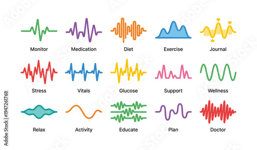 Colorful health and wellness icons representing daily activities and monitoring