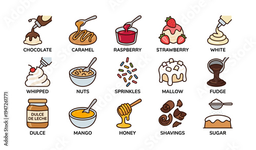 Assorted dessert toppings and condiments icons featuring chocolate and fruit flavors