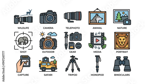 Wildlife photography icons featuring cameras, safari equipment, and outdoor nature elements