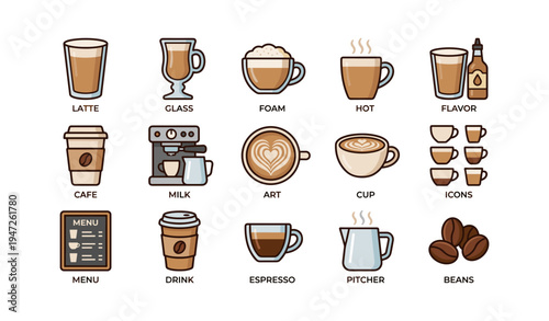 Coffee-themed icons featuring latte, espresso, milk, and cup art