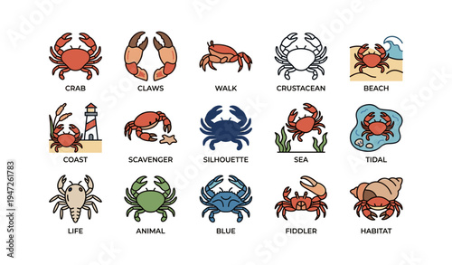 Colorful crab icons set featuring various crustaceans and coastal themes