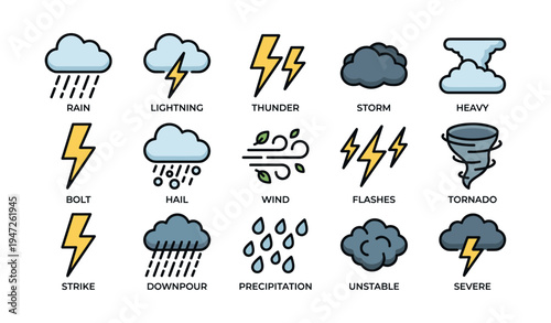 Weather icons: rain, lightning, thunder, storm, hail, wind, tornado, severe conditions