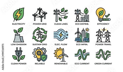 Renewable energy icons depicting electricity, grid, efficiency, and sustainability