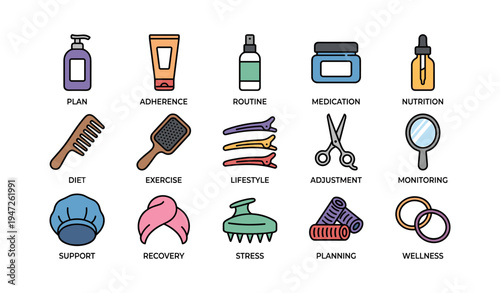 Healthcare and wellness icons featuring routine, nutrition, exercise, and stress management