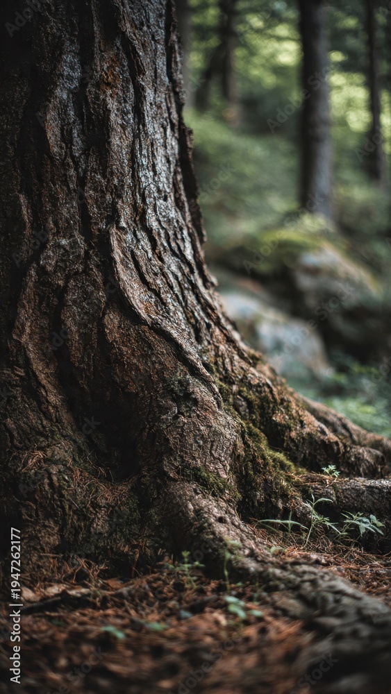 Fototapeta premium Ancient Tree Trunk and Roots with Moss in Serene Forest