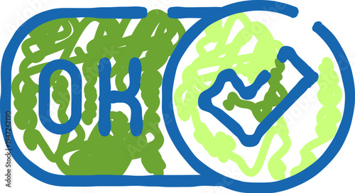 Doodle style green toggle switch with ok and a check mark, hand drawn icon signaling approval, confirmation, success and acceptance for ui, web and app design contexts