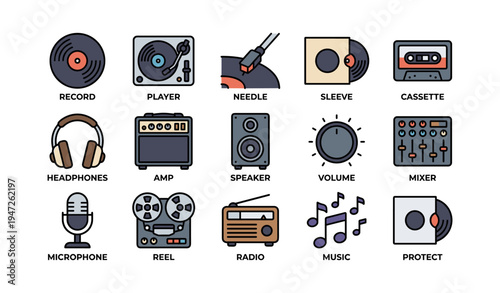 Icon set of vintage music equipment including record player and cassette