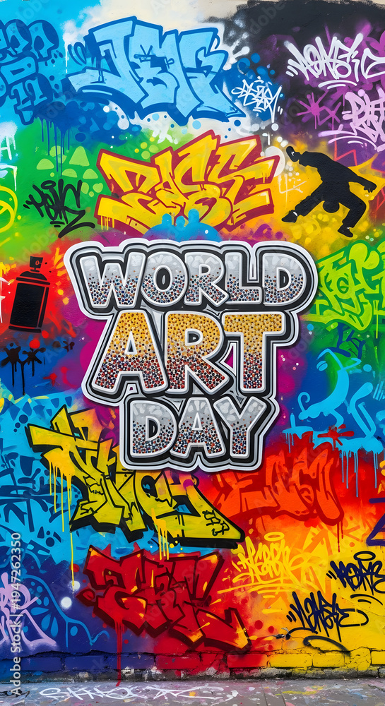 Obraz premium Vibrant graffiti art mural with text World Art Day and spray can full hd 4k stock image download paint