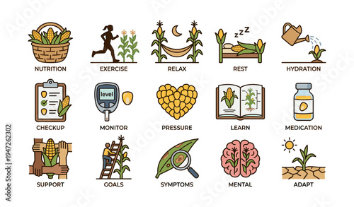 Healthy lifestyle icons: nutrition, exercise, relaxation, and wellness practices