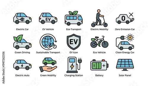 Eco-friendly transport icons featuring electric vehicles and sustainable mobility solutions