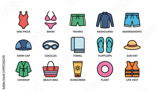 Colorful collection of swimwear and beach accessories