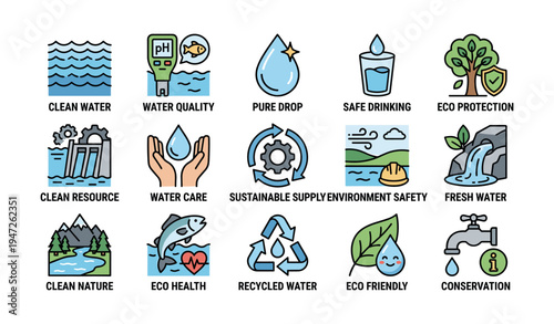 Clean water solutions and eco conservation icons for sustainable environment