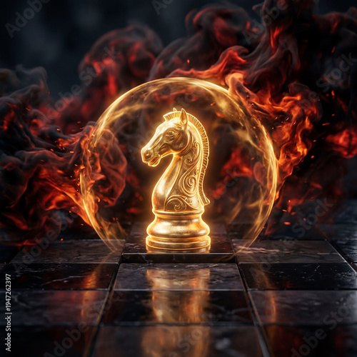 Glowing golden chess knight repelling fiery red smoke with a forcefield, a powerful visual metaphor for intelligence overpowering emotion.