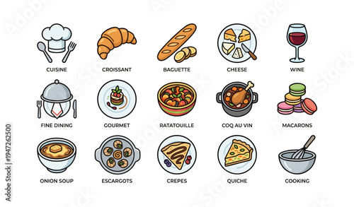 French cuisine icons featuring gourmet dishes and cooking utensils