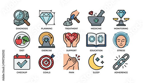 Colorful icons illustrating health and wellness concepts for balanced lifestyle