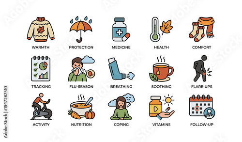 Seasonal wellness icons for health and comfort during flu season