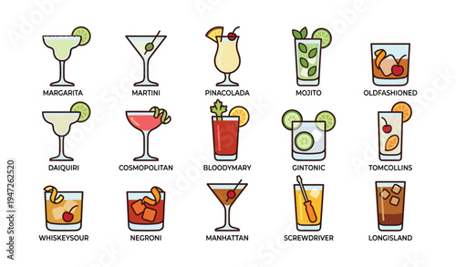 Assorted classic cocktails icons including margarita, martini, mojito, and more