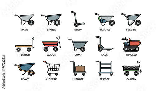 Variety of utility carts and wheelbarrows with different features and designs