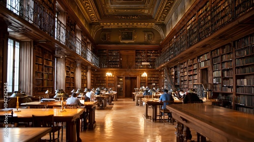 Cozy Classic Library with People Reading and Warm Golden Lighting