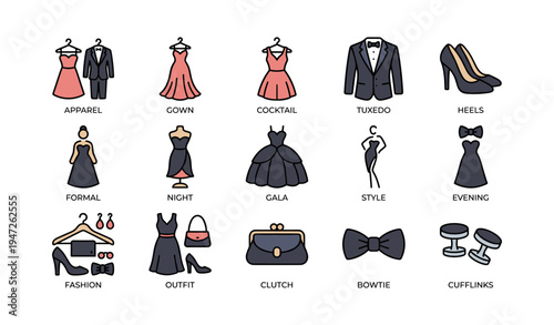 Fashion icons collection: dresses, tuxedo, heels, and accessories for evening events