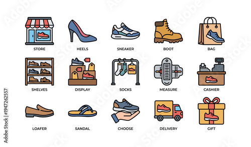 Footwear shopping elements and icons featuring various shoe types and accessories