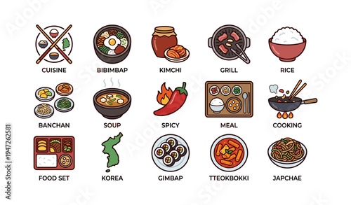 Korean cuisine icons: bibimbap, kimchi, grill, rice, tteokbokki