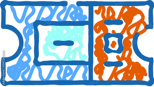 Stylized blue and orange doodle ticket icon featuring abstract patterns, representing admission, entertainment, and access to various events or venues