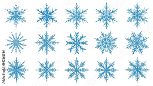 Intricate geometric snowflakes arranged in a symmetrical pattern on a white background Vector