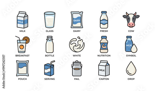 Dairy icons: milk, glass, cow, carton, bottle, pouch, fresh, nutrition, breakfast